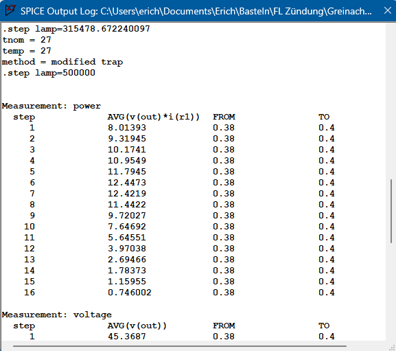 Output Log mit Messresultaten